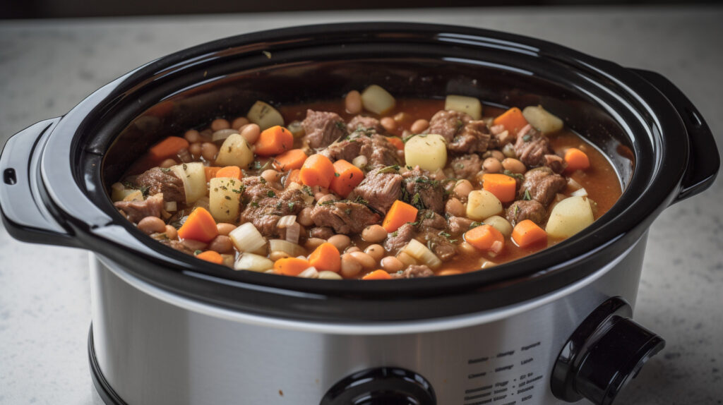 Design an image of a programmable slow cooker cooking a hearty stew