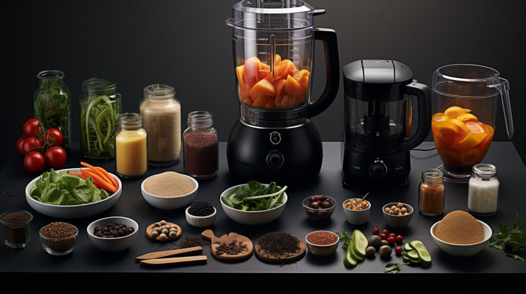 Design an image showcasing a multi-purpose food processor with its various attachments and functions