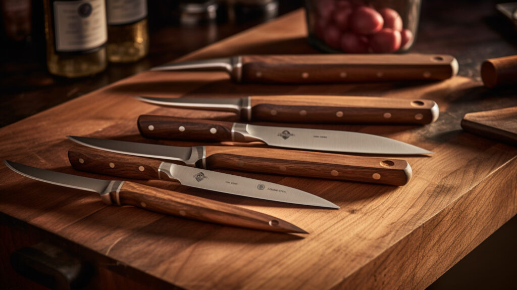 Design an image showcasing a set of precision kitchen knives on a wooden block 