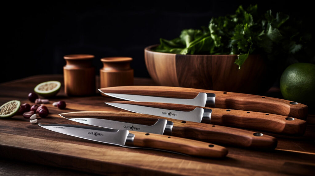 Design an image showcasing a set of precision kitchen knives on a wooden block 