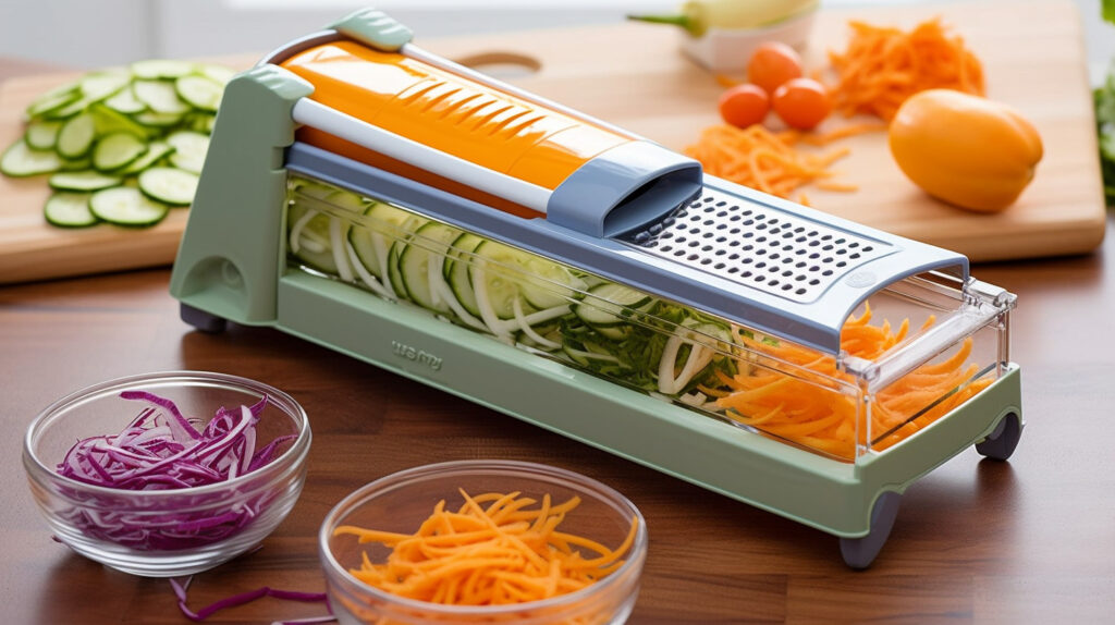 Design an image showing a precision mandoline slicer slicing vegetables