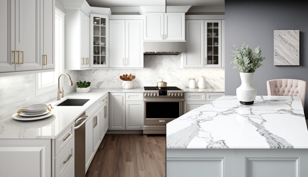 Diverse opzioni di piano di lavoro per una cucina bianca e grigia, tra cui superfici in marmo, quarzo e granito