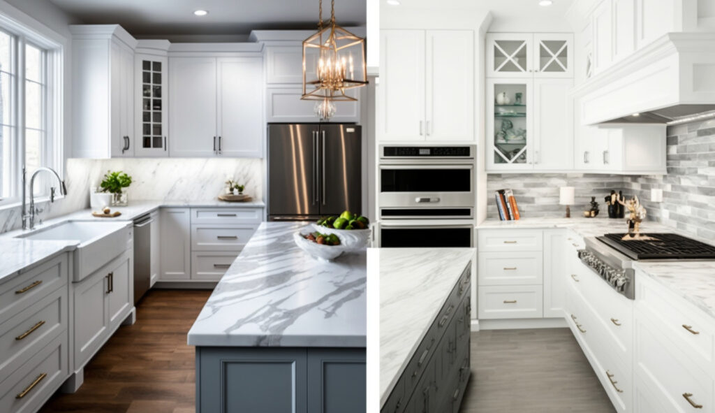 Các tùy chọn mặt đá đế khác nhau cho một ngôi nhà bếp màu trắng và xám, bao gồm các bề mặt cẩm thạch, quartz và granite