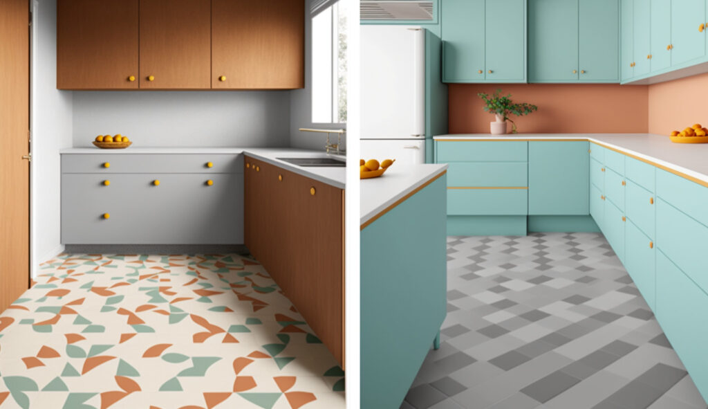 Different flooring options for a mid-century modern kitchen, including hardwood, terrazzo, and patterned linoleum