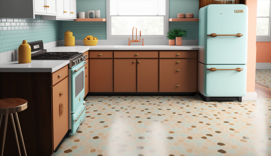 Different flooring options for a mid-century modern kitchen, including hardwood, terrazzo, and patterned linoleum
