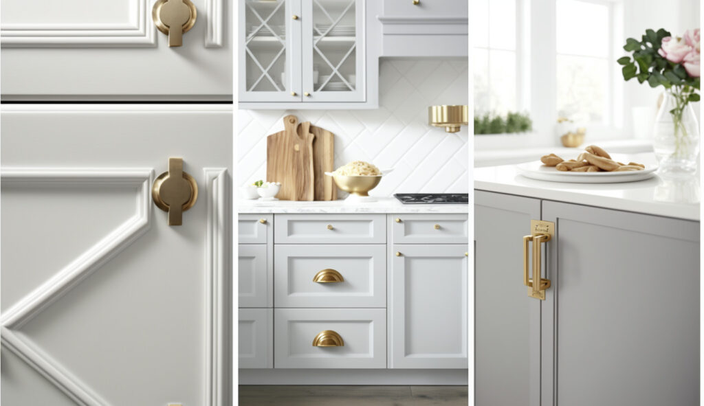 Diverse opzioni di maniglie per mobili da cucina bianchi e grigi, come cromo, nickel spazzolato e maniglie in ottone dall'ispirazione vintage