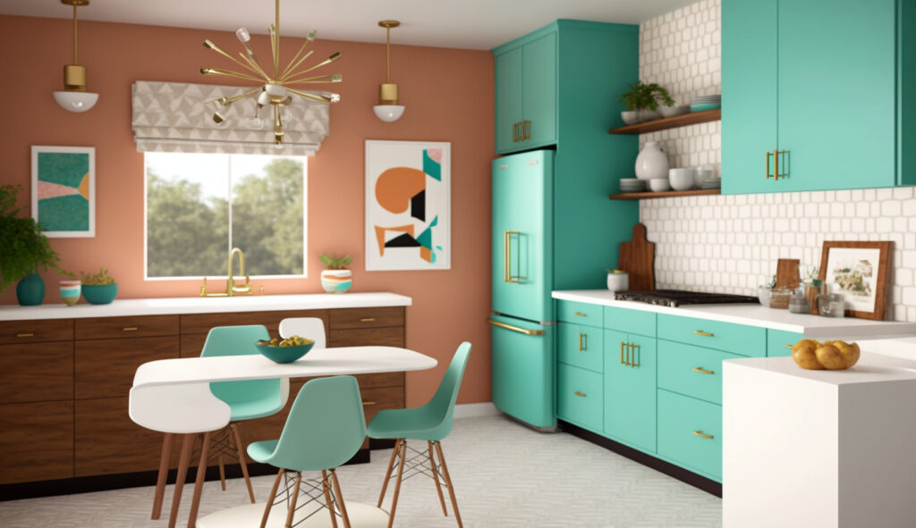 Các tùy chọn màu tường và tủ bếp khác nhau cho một căn bếp phong cách mid-century modern, bao gồm các gam màu trung tính, tường nổi bật mạnh mẽ và tủ không tay nắm gọn gàng