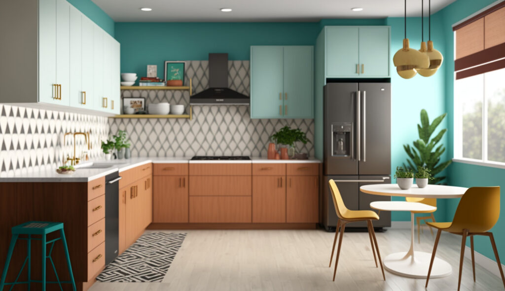 Different wall color and cabinetry options for a mid-century modern kitchen, including neutral tones, bold accent walls, and sleek handle-less cabinets