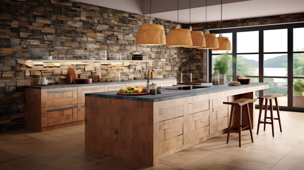 Durable and natural-looking brick veneer on a stone kitchen island 