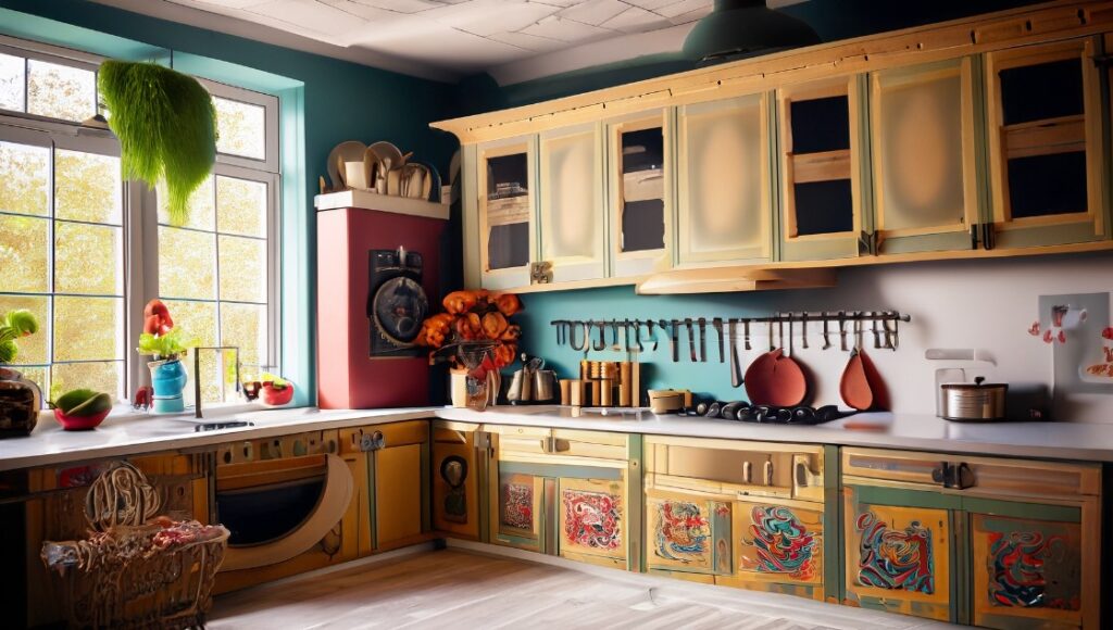 Eclectic kitchen with a unique mix of styles, colors, and textures