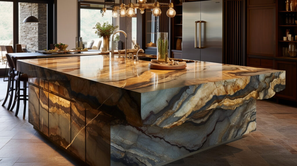Elegant marble stone kitchen island with intricate veining