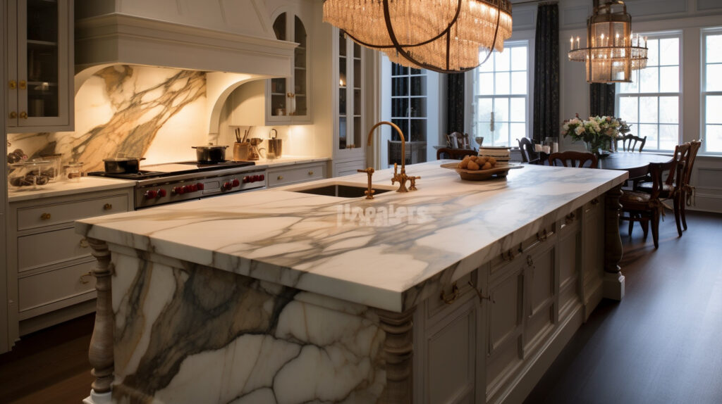 Elegant marble stone kitchen island with intricate veining