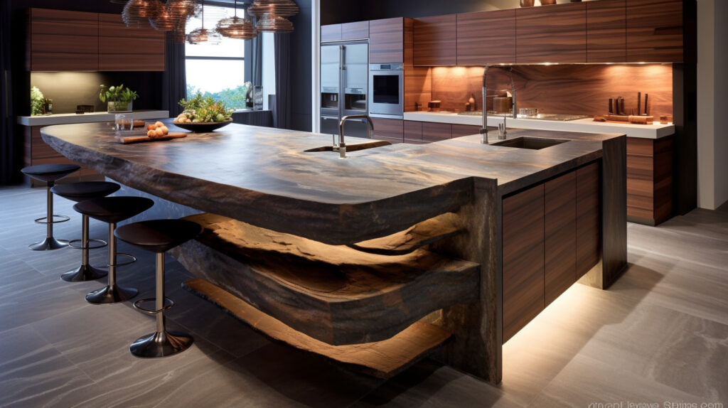 Feature-rich stone kitchen island with cabinets, shelves, seating, sink, and outlets 