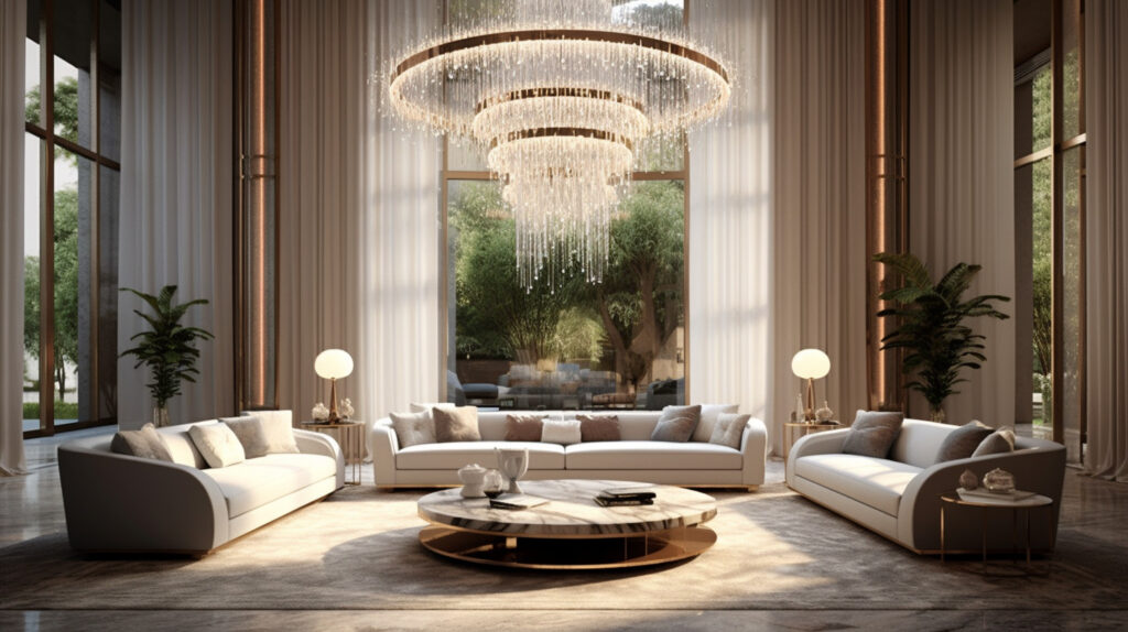 Gorgeous crystal living room chandelier in a modern setting