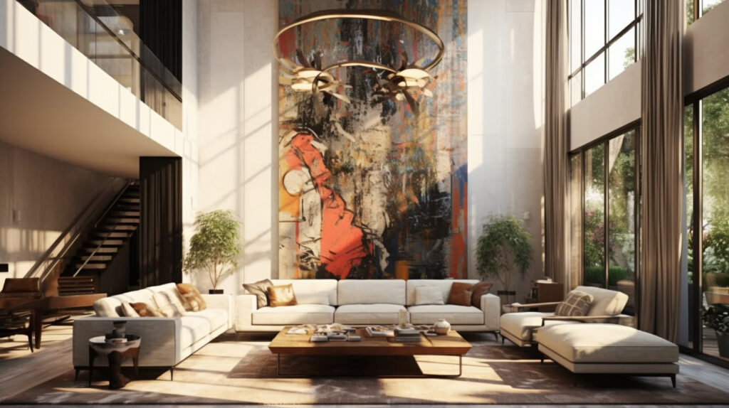 High ceiling room with a large wall art 