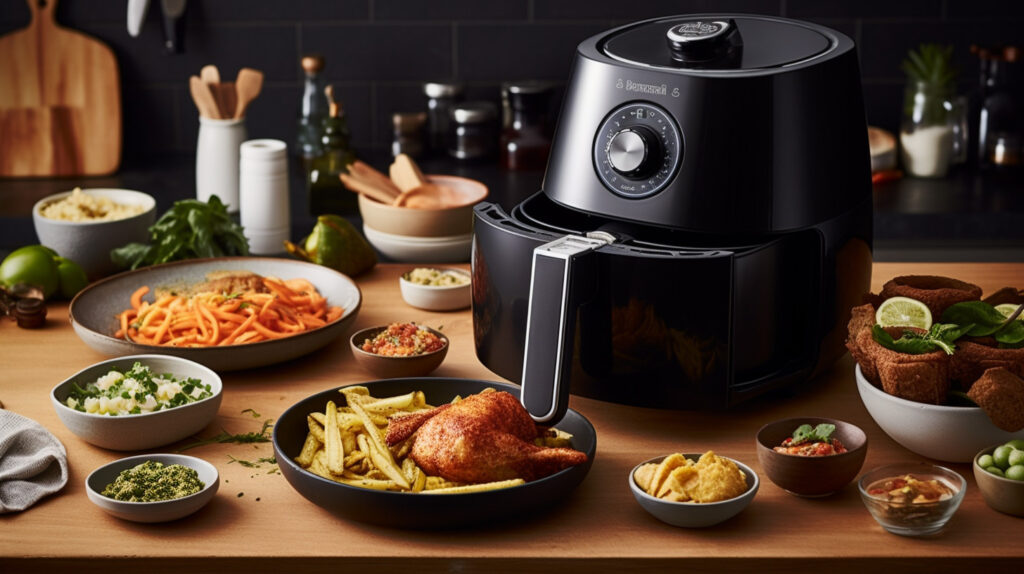 Illustrate a multi-purpose air fryer cooking a variety of foods