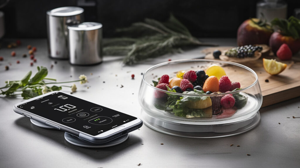 Illustrate a smart kitchen scale connected to a smartphone app, displaying nutritional information