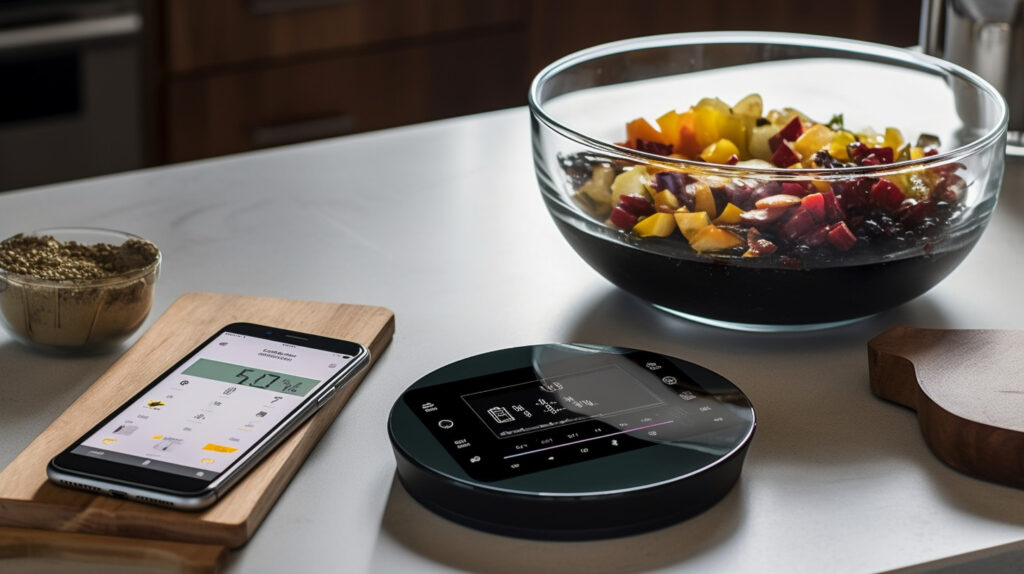 Illustrate a smart kitchen scale connected to a smartphone app, displaying nutritional information