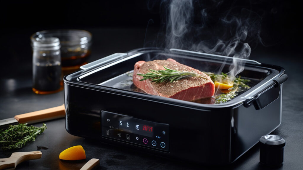 Illustrate a smart sous vide cooker in action, cooking a gourmet meal
