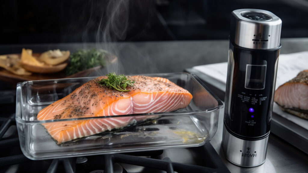 Illustrate a smart sous vide cooker in action, cooking a gourmet meal