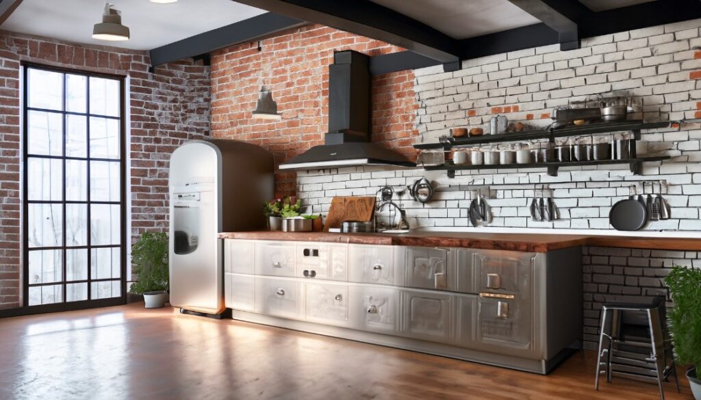 Industrial chic kitchen with exposed brick and stainless steel appliances for unique kitchen ideas