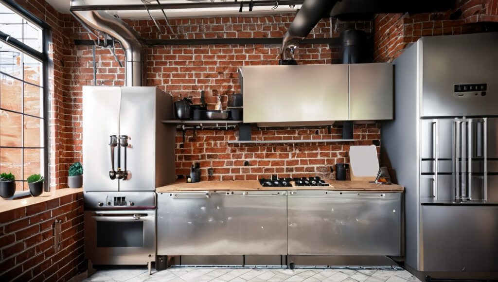Industrial chic kitchen with exposed brick walls and stainless steel appliances