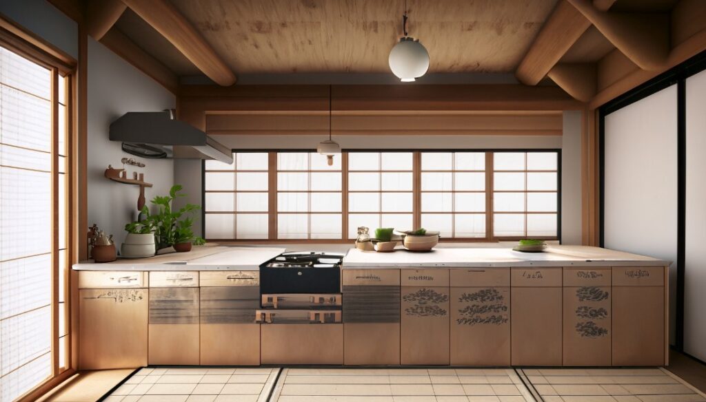 Japanese Zen kitchen showcasing unique kitchen ideas with minimalist design and natural materials
