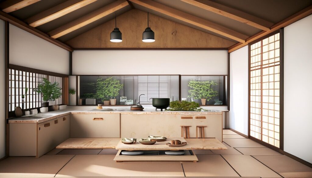 Japanese Zen kitchen showcasing unique kitchen ideas with minimalist design and natural materials