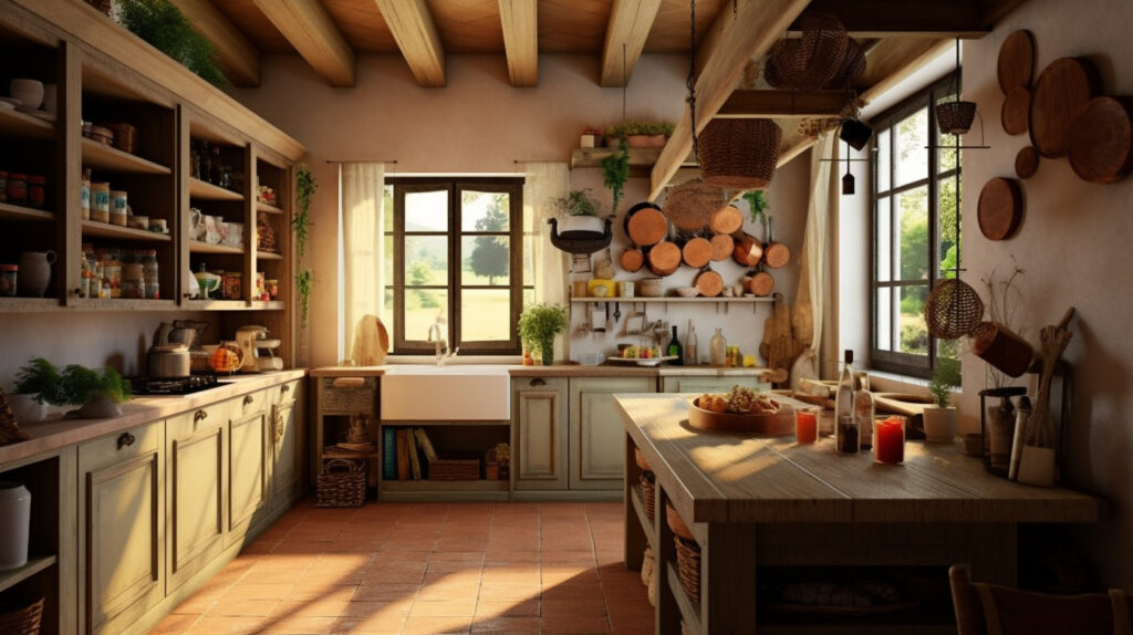 Key features of a country-style kitchen with rustic materials and warm colors