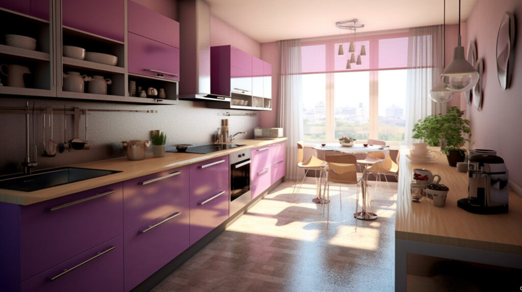 Kitchen balancing purple with other colors for a harmonious and unique design