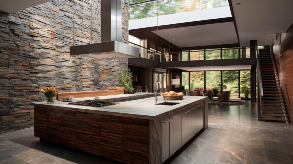 Kitchen island with three-dimensional and visually interesting stacked stone veneer