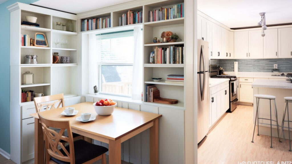 Kitchen nook with storage shelves and compartments for added functionality 