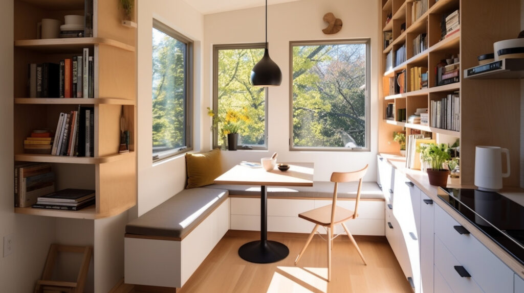 Kitchen nook with storage shelves and compartments for added functionality 