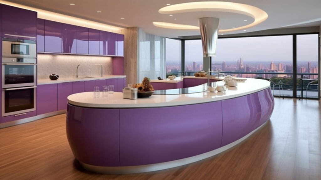 Kitchen with a purple island as the heart of the space for a unique design 