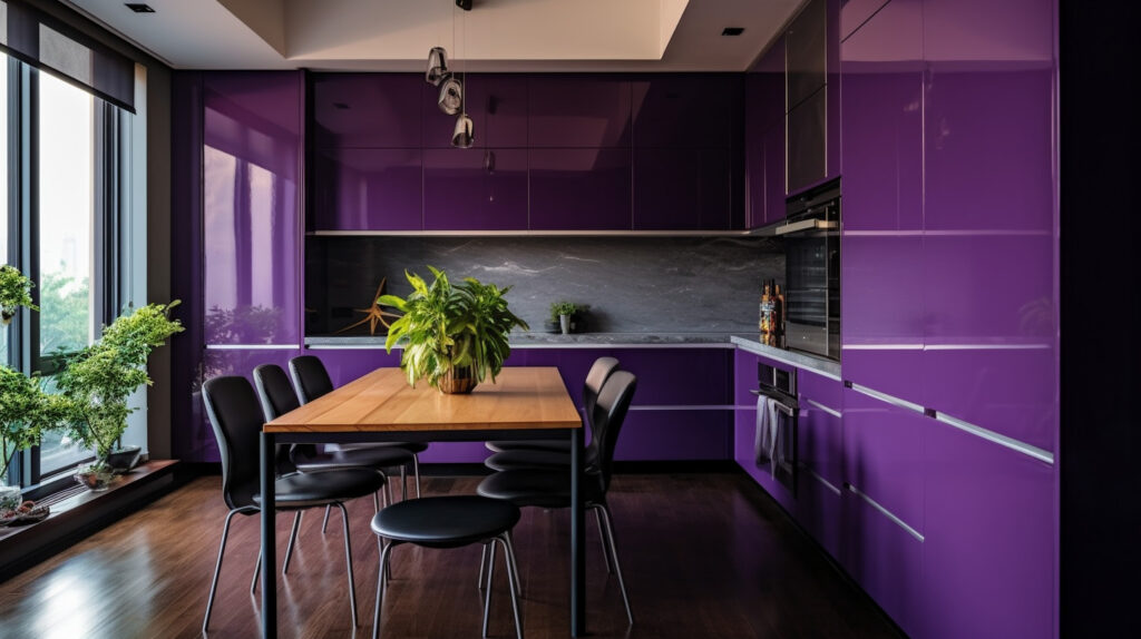 Kitchen with bold purple cabinets making a unique statement