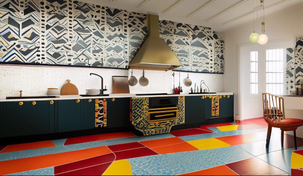 Kitchen with funky flooring showcasing unique kitchen ideas with bold patterns and colors