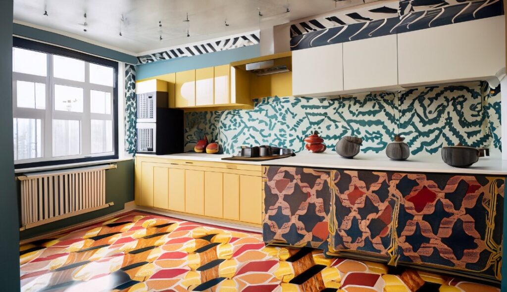 Kitchen with funky flooring showcasing unique kitchen ideas with bold patterns and colors