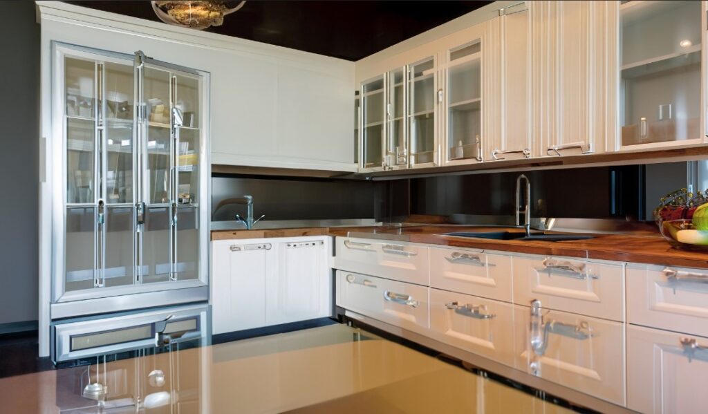 Kitchen with glass-front cabinets.