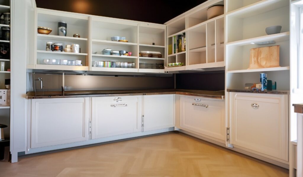 Kitchen with open shelving cabinets