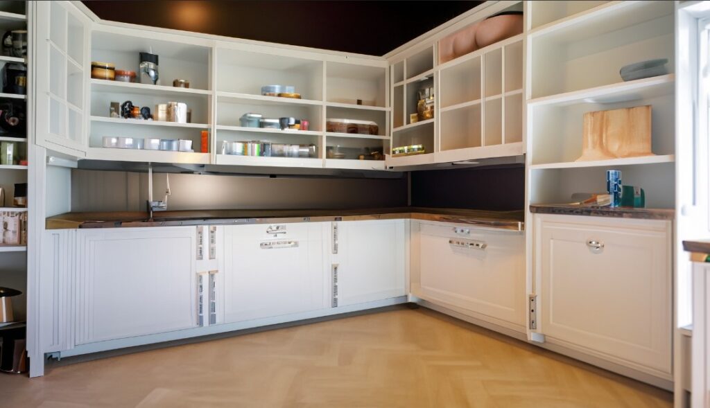Kitchen with open shelving cabinets