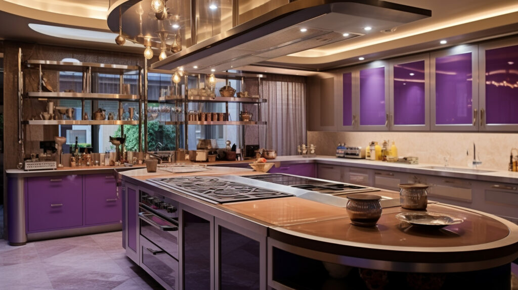 Kitchen with purple accessories adding the finishing touches for a unique design