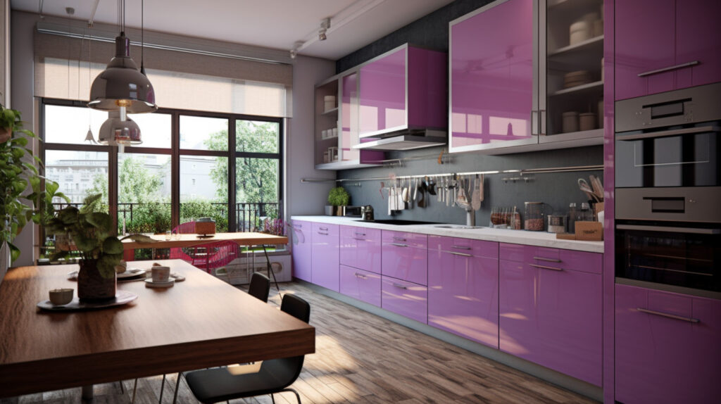Kitchen with purple accessories adding the finishing touches for a unique design