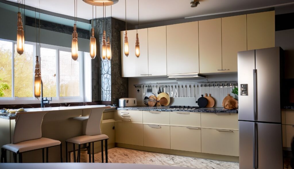 Kitchen with statement lighting adding a unique focal point
