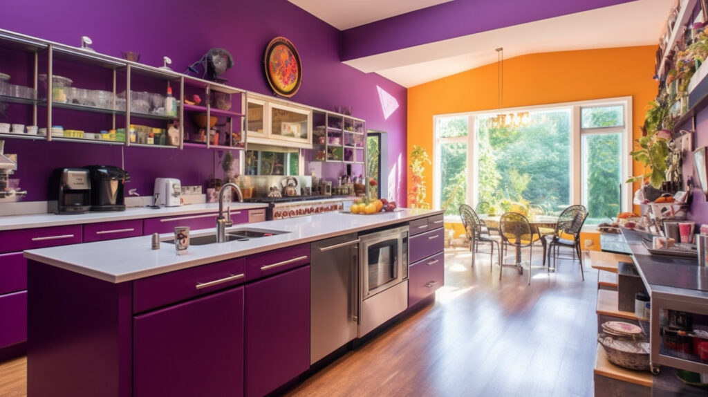 Kitchen with vibrant purple walls creating a unique and colorful backdrop