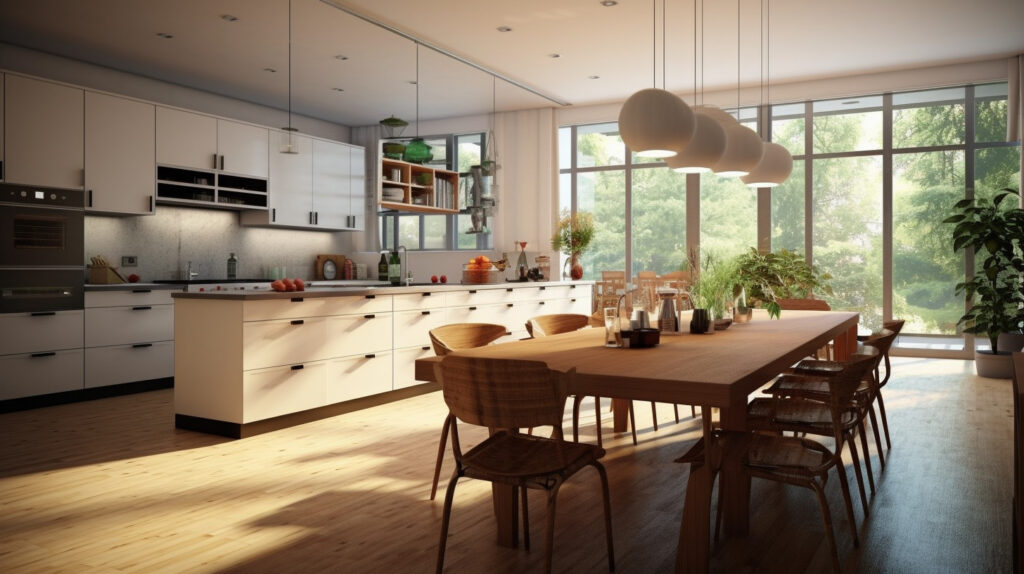 Large kitchen table in a spacious kitchen