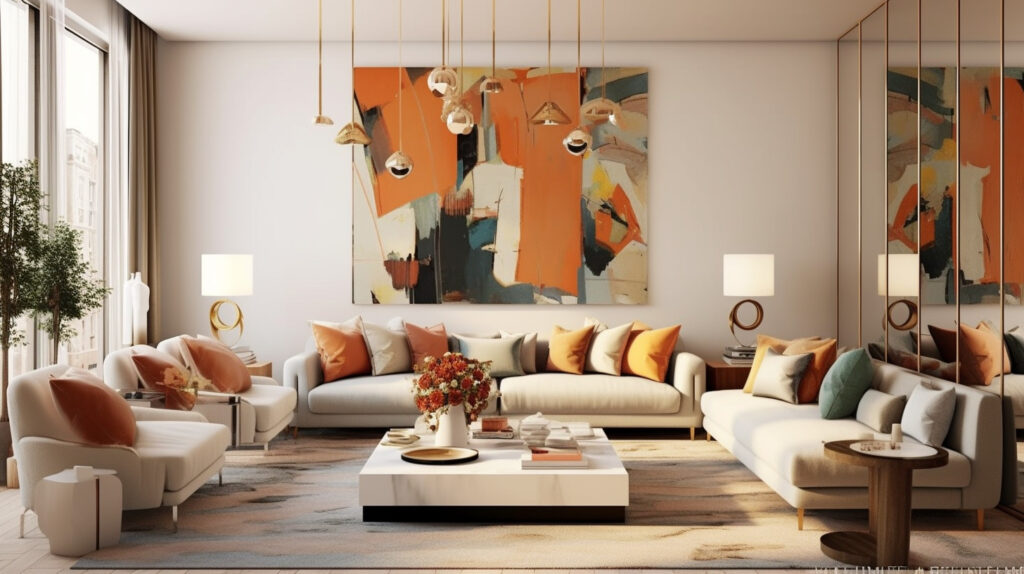 Living room where artwork and mirrors complement the large wall art 