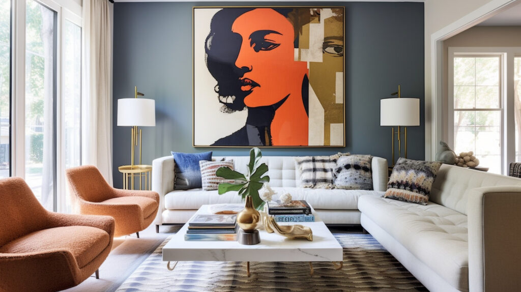 Living room with a large wall art and bold shades 