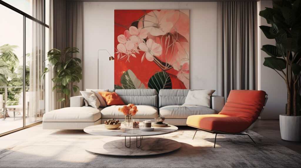 Living room with a large wall art and bold shades 