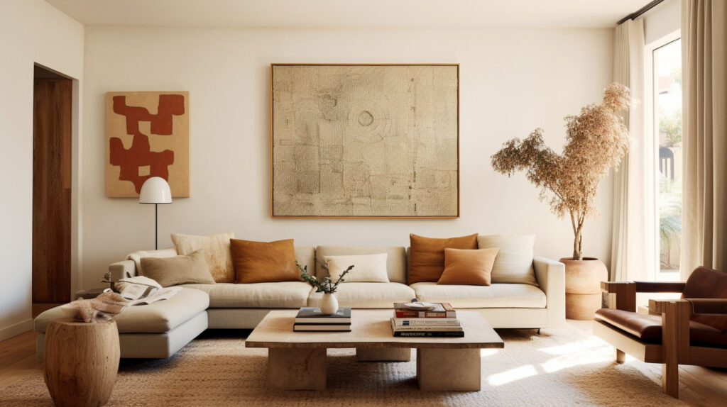 Living room with a large wall art and layered textures for a summery feel 