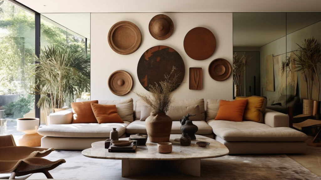Living room with a large wall art incorporating personal touches 
